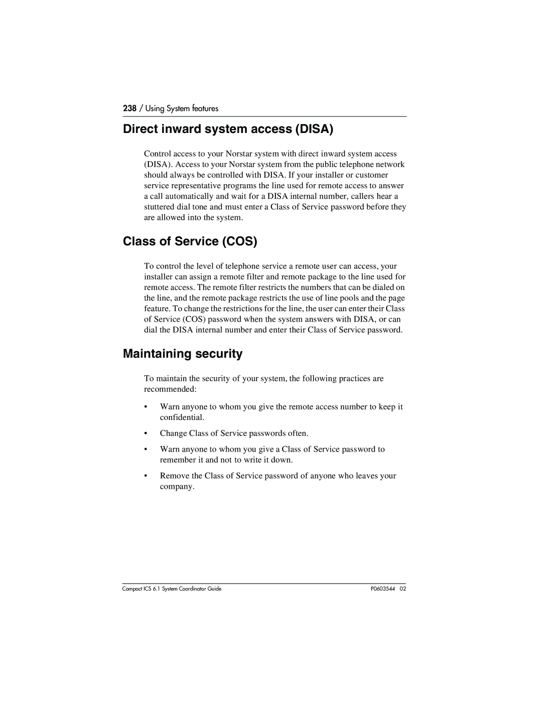 Nortel Networks 6.1 manual Direct inward system access Disa, Class of Service COS, Maintaining security 