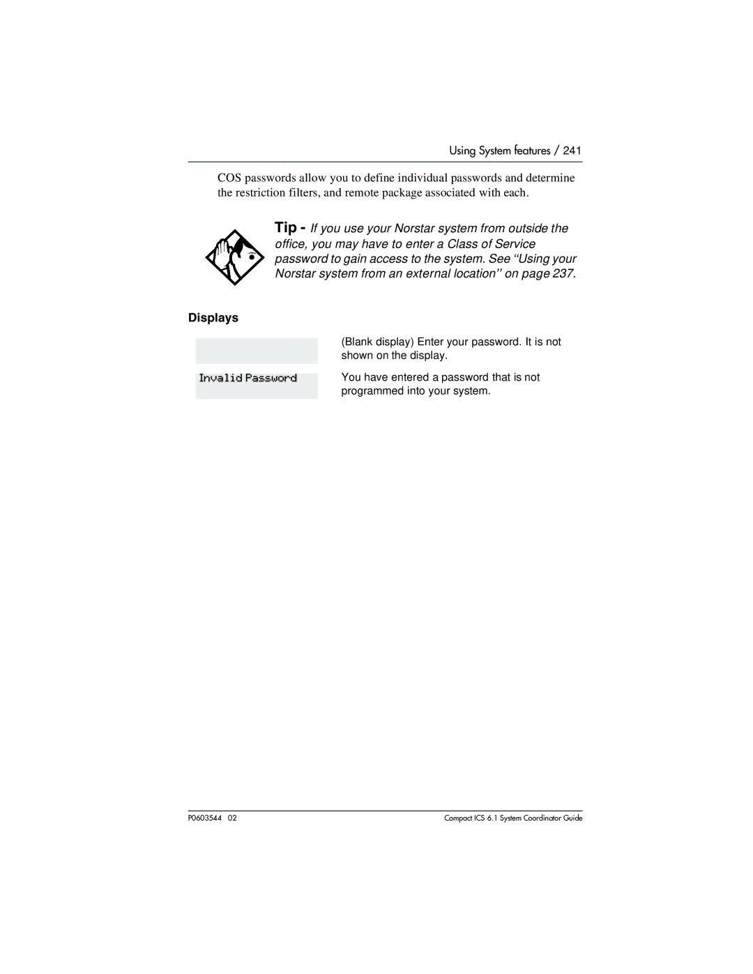 Nortel Networks 6.1 manual Displays, Invalid Password 