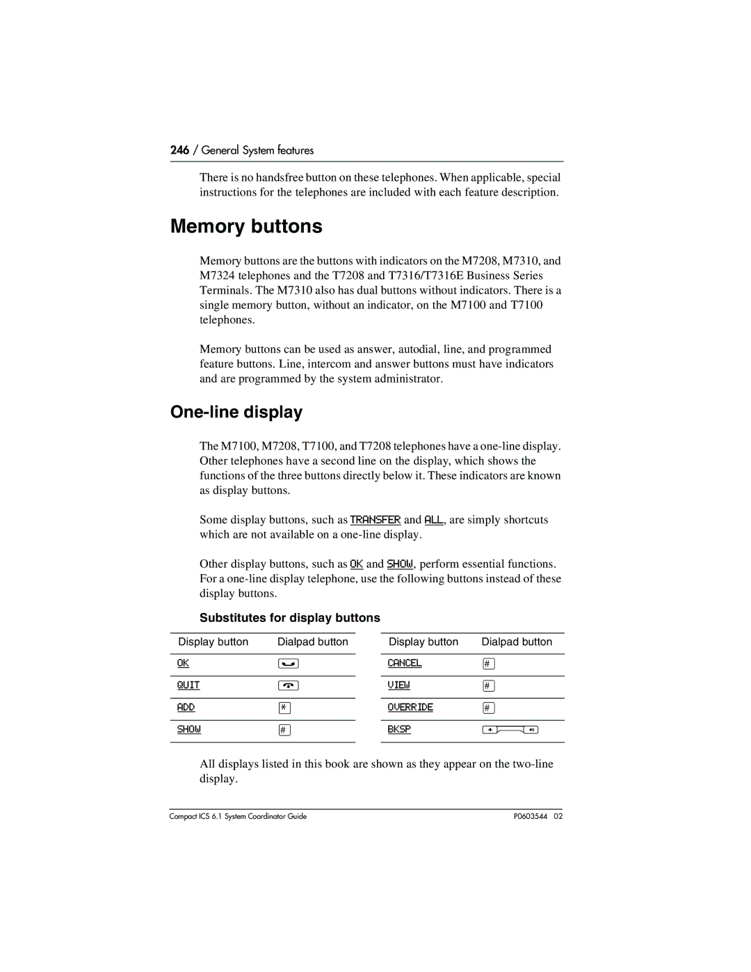 Nortel Networks 6.1 manual Memory buttons, One-line display, Substitutes for display buttons 