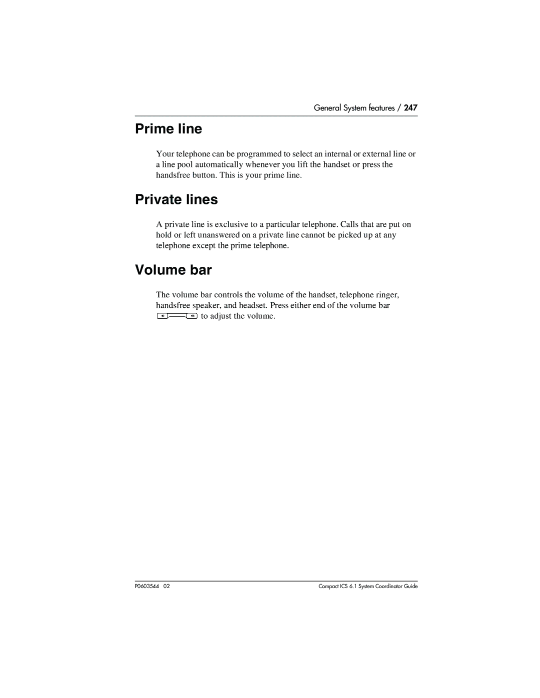 Nortel Networks 6.1 manual Prime line, Private lines, Volume bar 