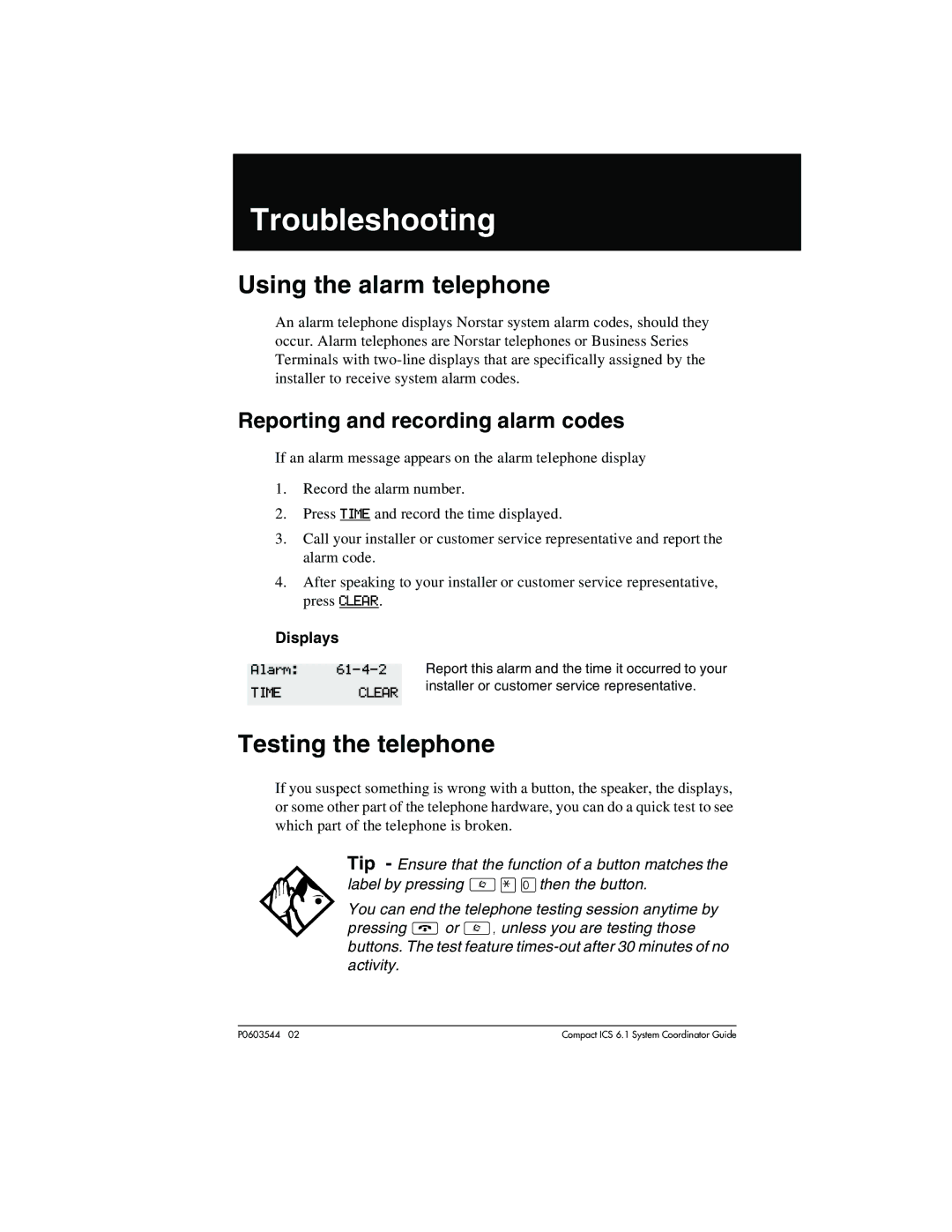 Nortel Networks 6.1 Troubleshooting, Using the alarm telephone, Testing the telephone, Reporting and recording alarm codes 