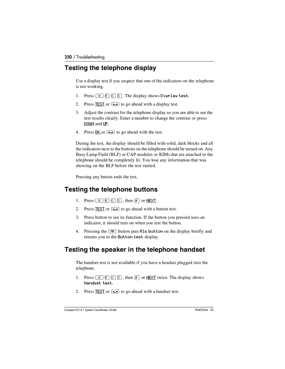 Nortel Networks 6.1 manual Testing the telephone display, Testing the telephone buttons, Handset test 