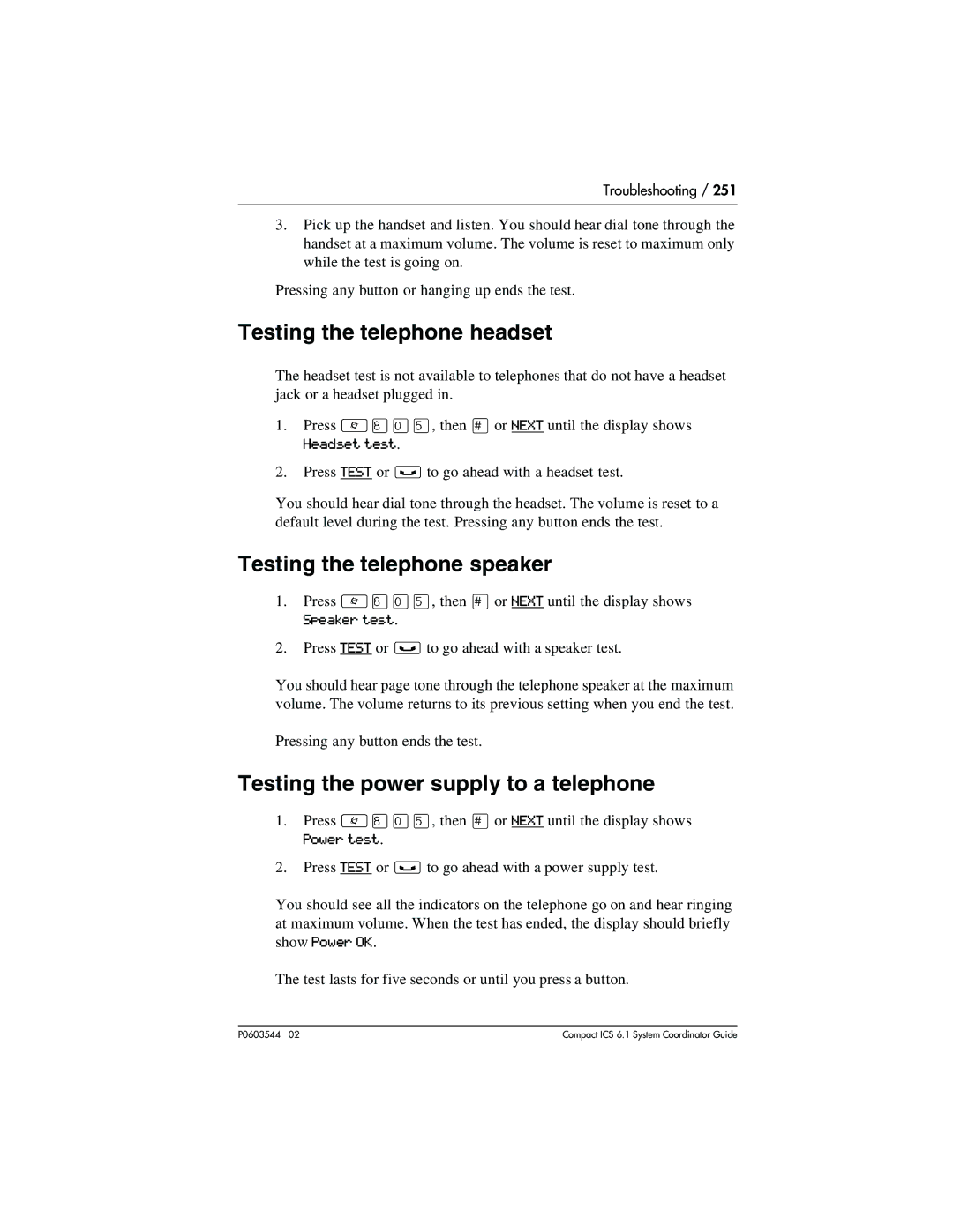 Nortel Networks 6.1 Testing the telephone headset, Testing the telephone speaker, Testing the power supply to a telephone 