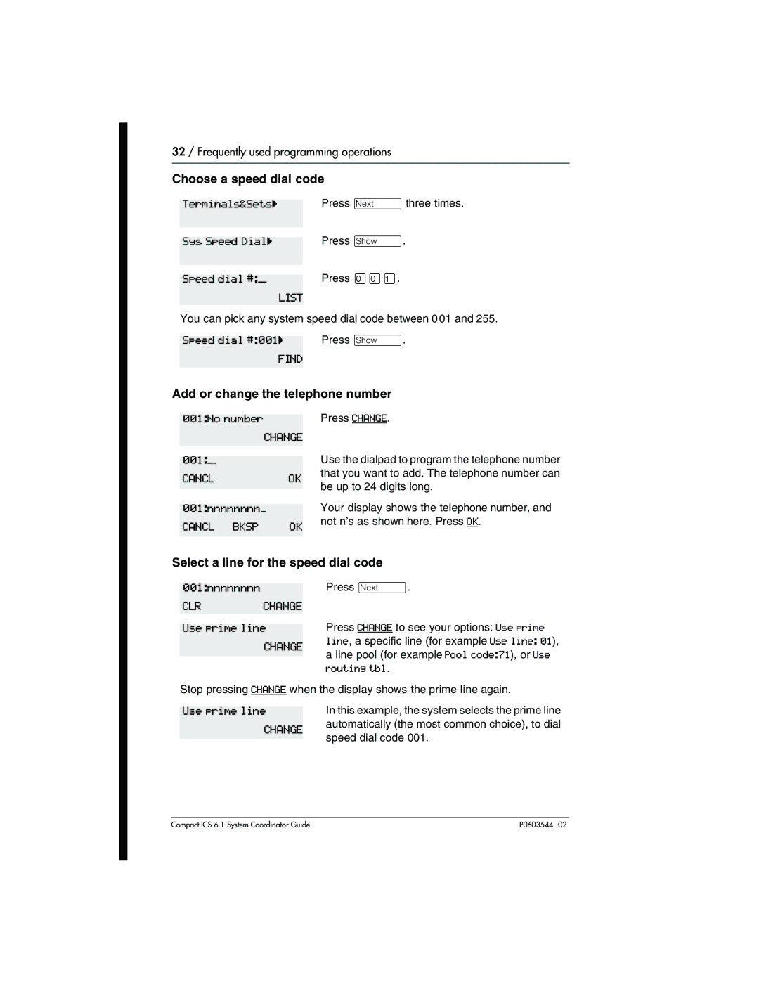 Nortel Networks 6.1 Choose a speed dial code, Add or change the telephone number, Select a line for the speed dial code 