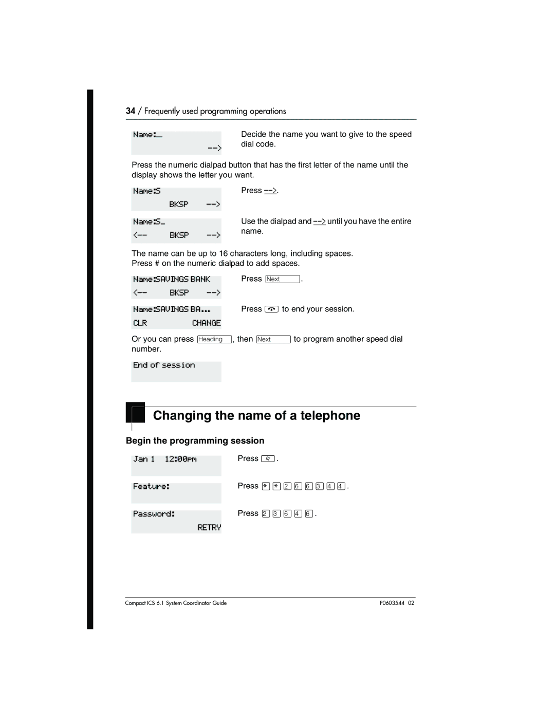 Nortel Networks 6.1 manual Changing the name of a telephone, NameSAVINGS BA 