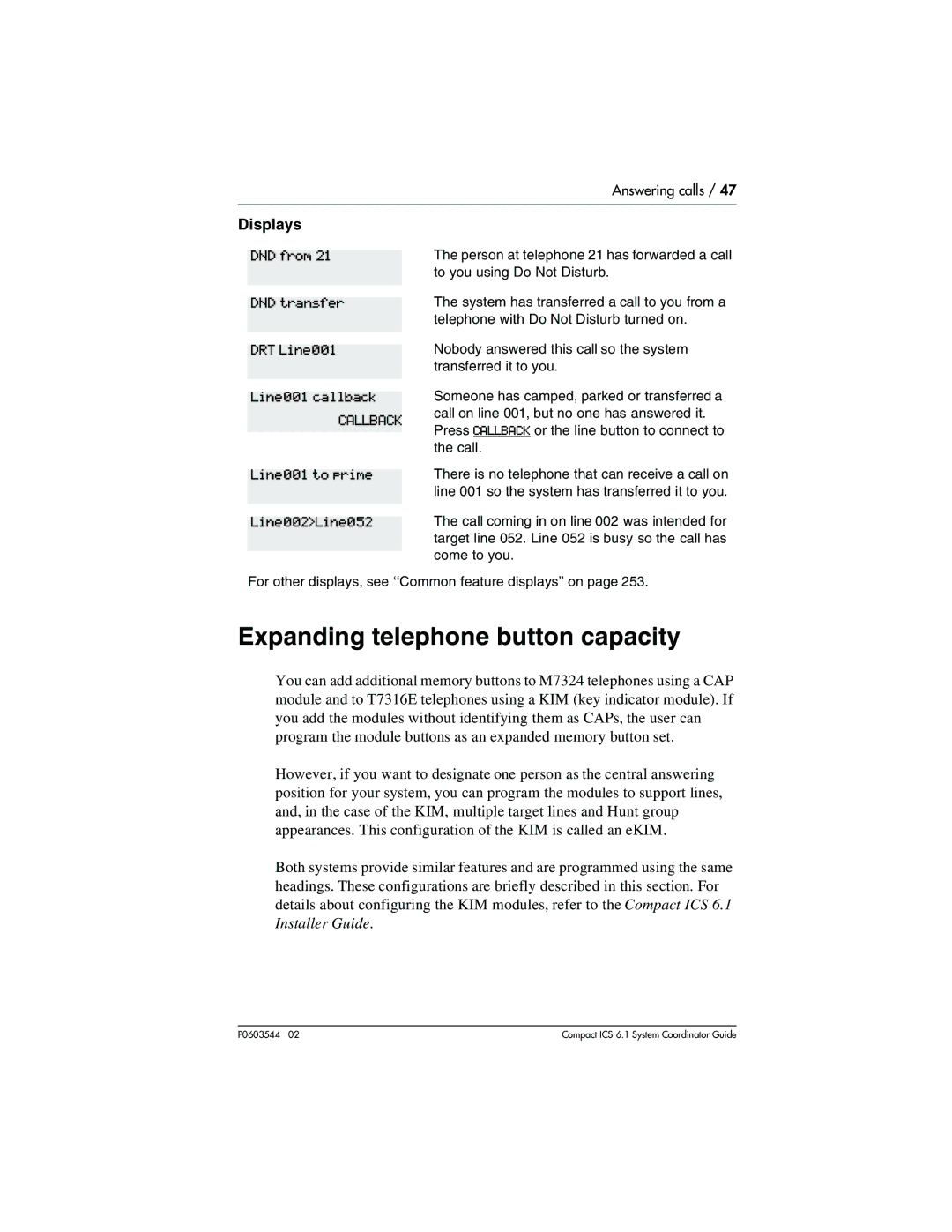 Nortel Networks 6.1 Expanding telephone button capacity, Displays, DND from DND transfer DRT Line001 Line001 callback 