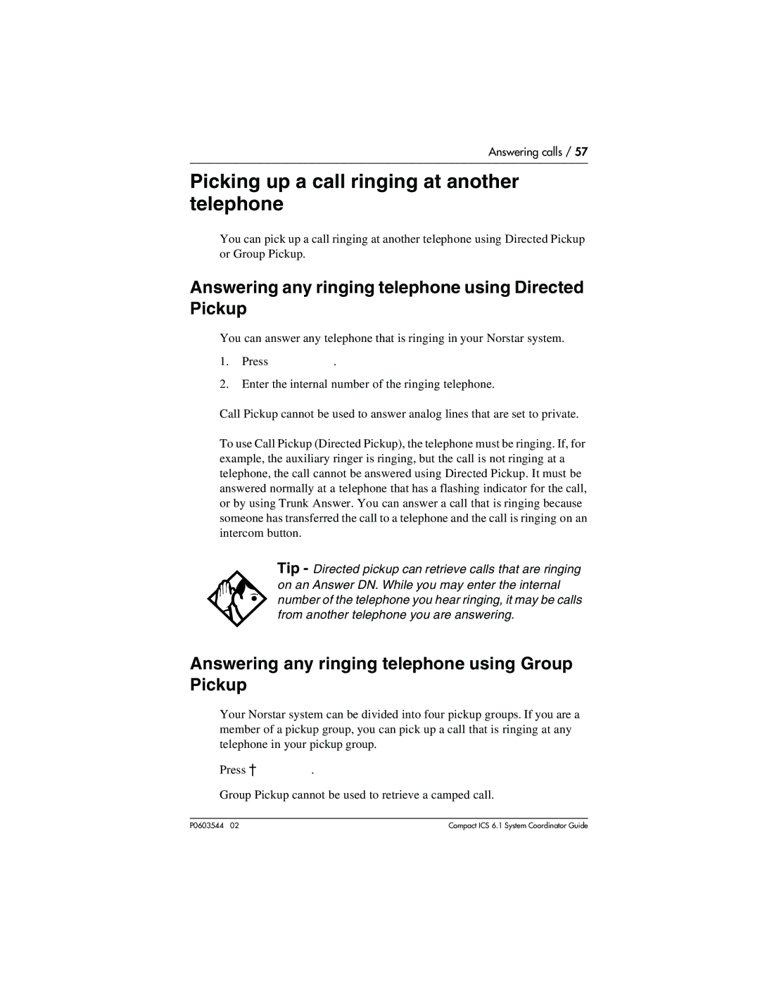 Nortel Networks 6.1 Picking up a call ringing at another telephone, Answering any ringing telephone using Directed Pickup 