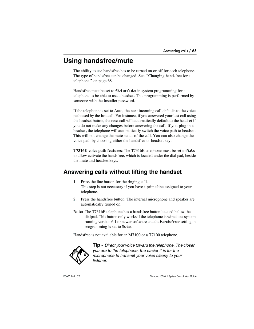 Nortel Networks 6.1 manual Using handsfree/mute, Answering calls without lifting the handset 