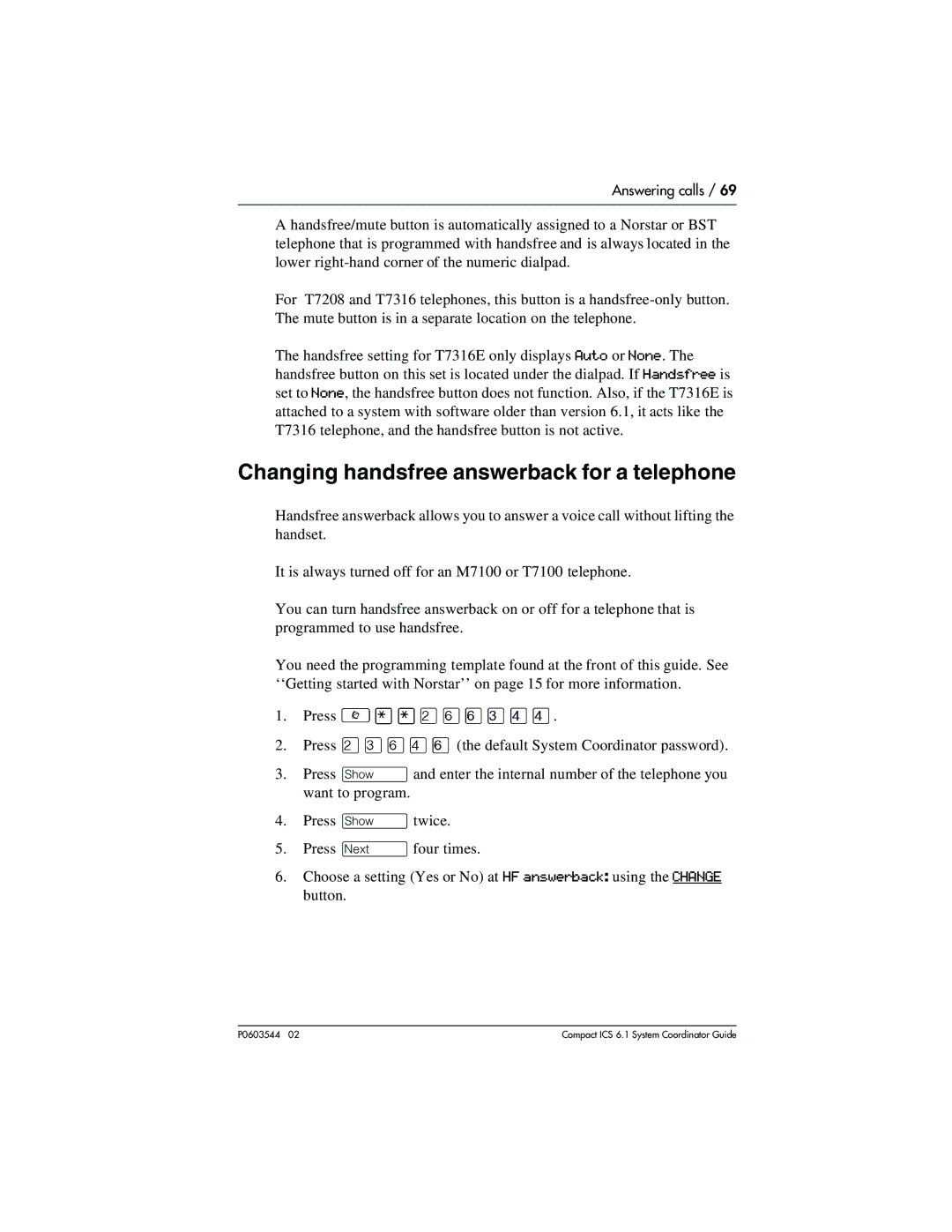 Nortel Networks 6.1 manual Button.¤‹ﬂ›ﬂ¤ﬂﬂ‹››, Changing handsfree answerback for a telephone 