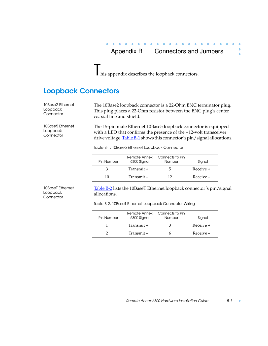 Nortel Networks 6300 manual Loopback Connectors, Appendix B Connectors and Jumpers 