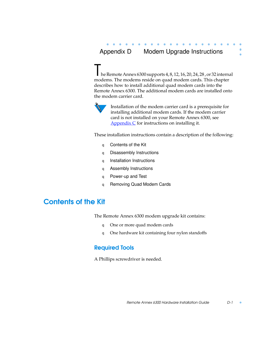 Nortel Networks manual Appendix D Modem Upgrade Instructions, Remote Annex 6300 modem upgrade kit contains 