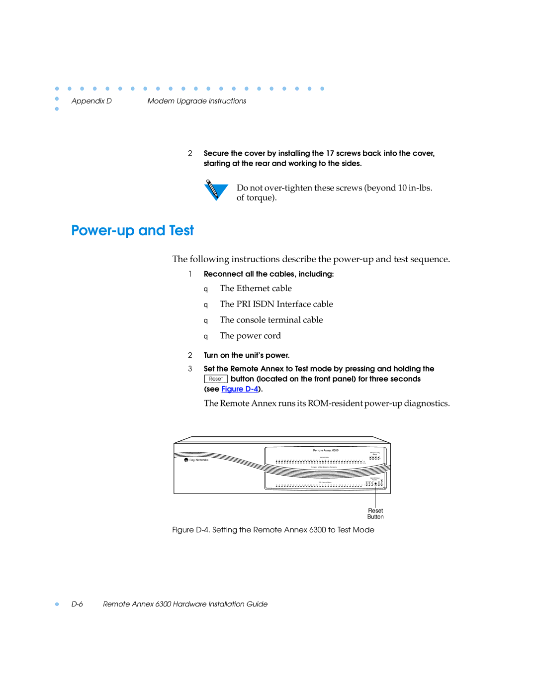 Nortel Networks 6300 manual Do not over-tighten these screws beyond 10 in-lbs. of torque 