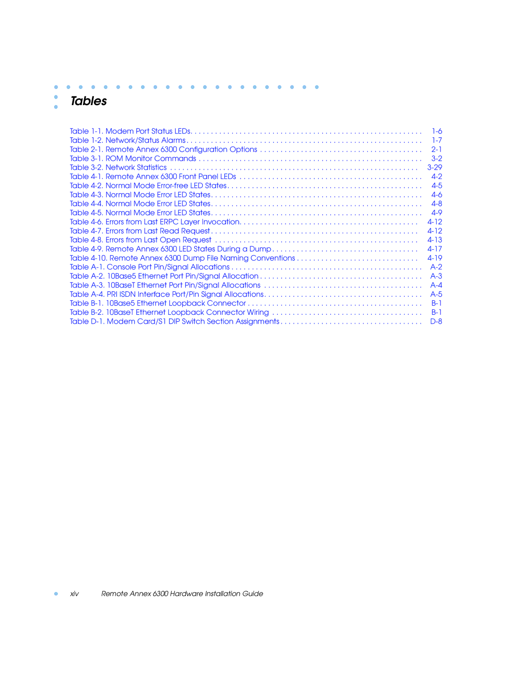 Nortel Networks 6300 manual Tables 