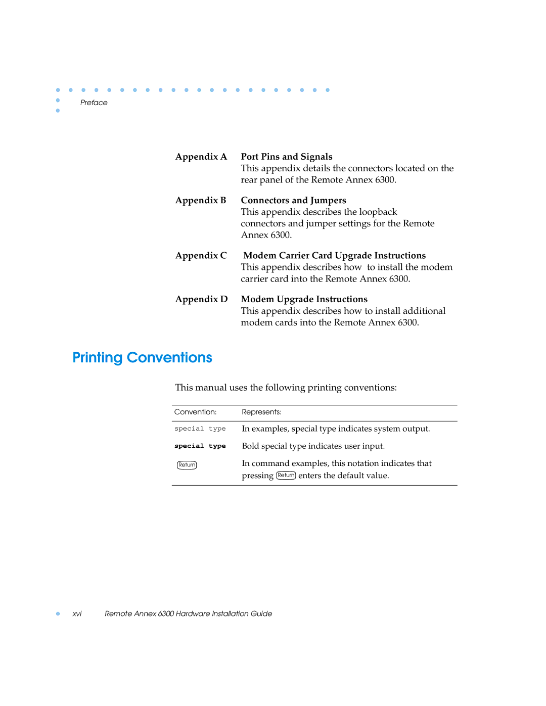 Nortel Networks 6300 manual Printing Conventions, Appendix a Port Pins and Signals, Appendix B Connectors and Jumpers 