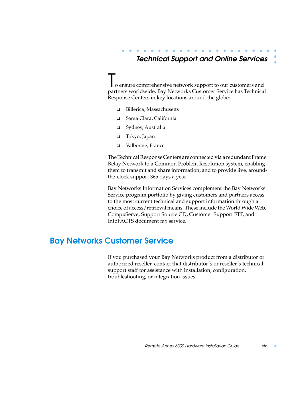 Nortel Networks 6300 manual Bay Networks Customer Service, Technical Support and Online Services 