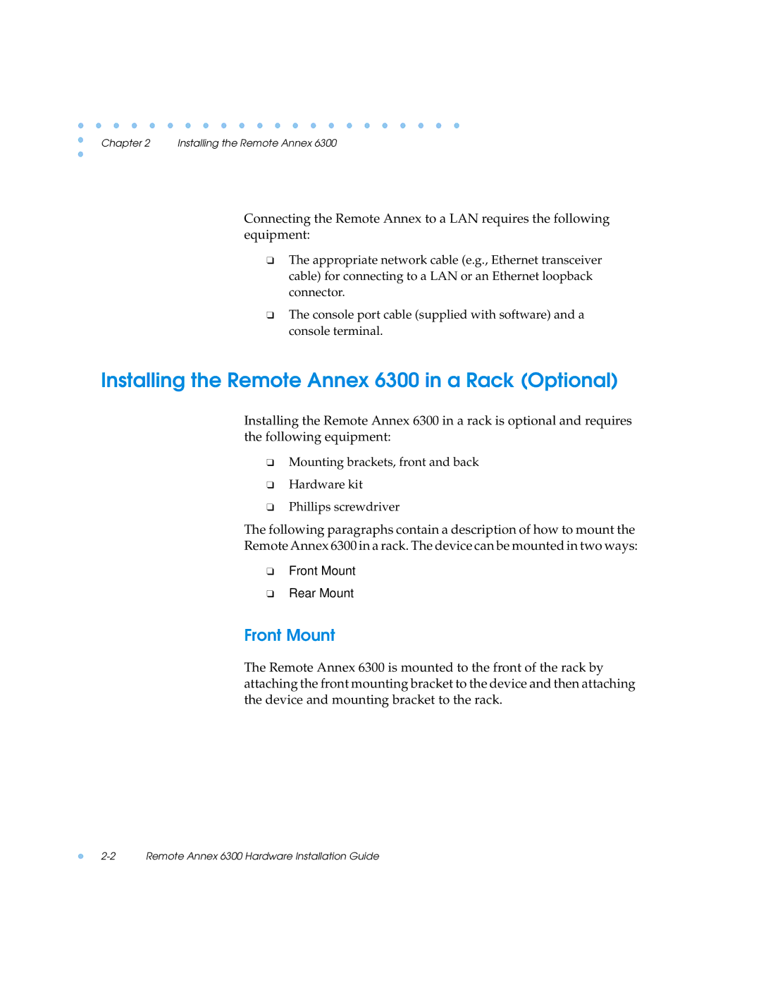 Nortel Networks manual Installing the Remote Annex 6300 in a Rack Optional, Front Mount 