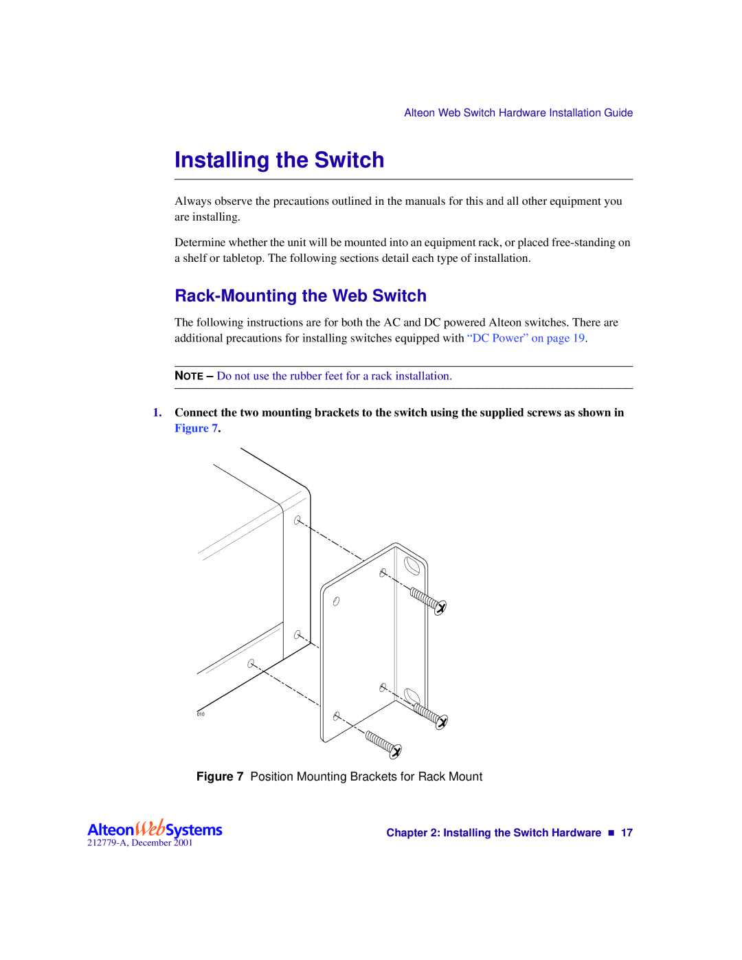 Nortel Networks 700117, 700116, 700106, 700107 manual Rack-Mounting the Web Switch, Installing the Switch Hardware n17 