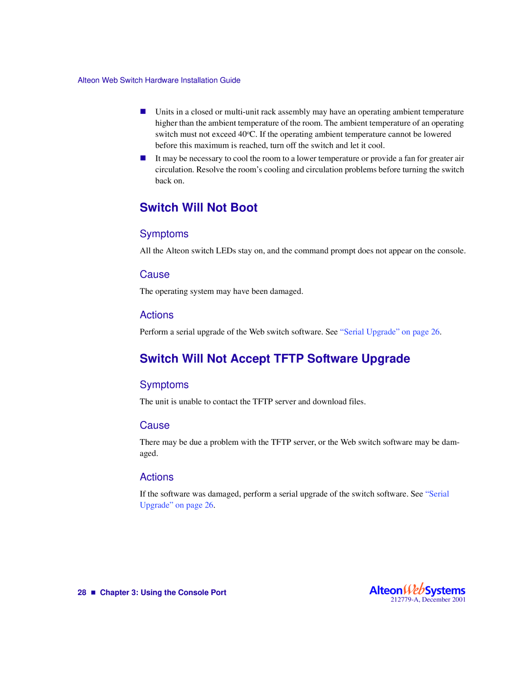 Nortel Networks 700116, 700117, 700106, 700107 manual Switch Will Not Boot, Switch Will Not Accept Tftp Software Upgrade 