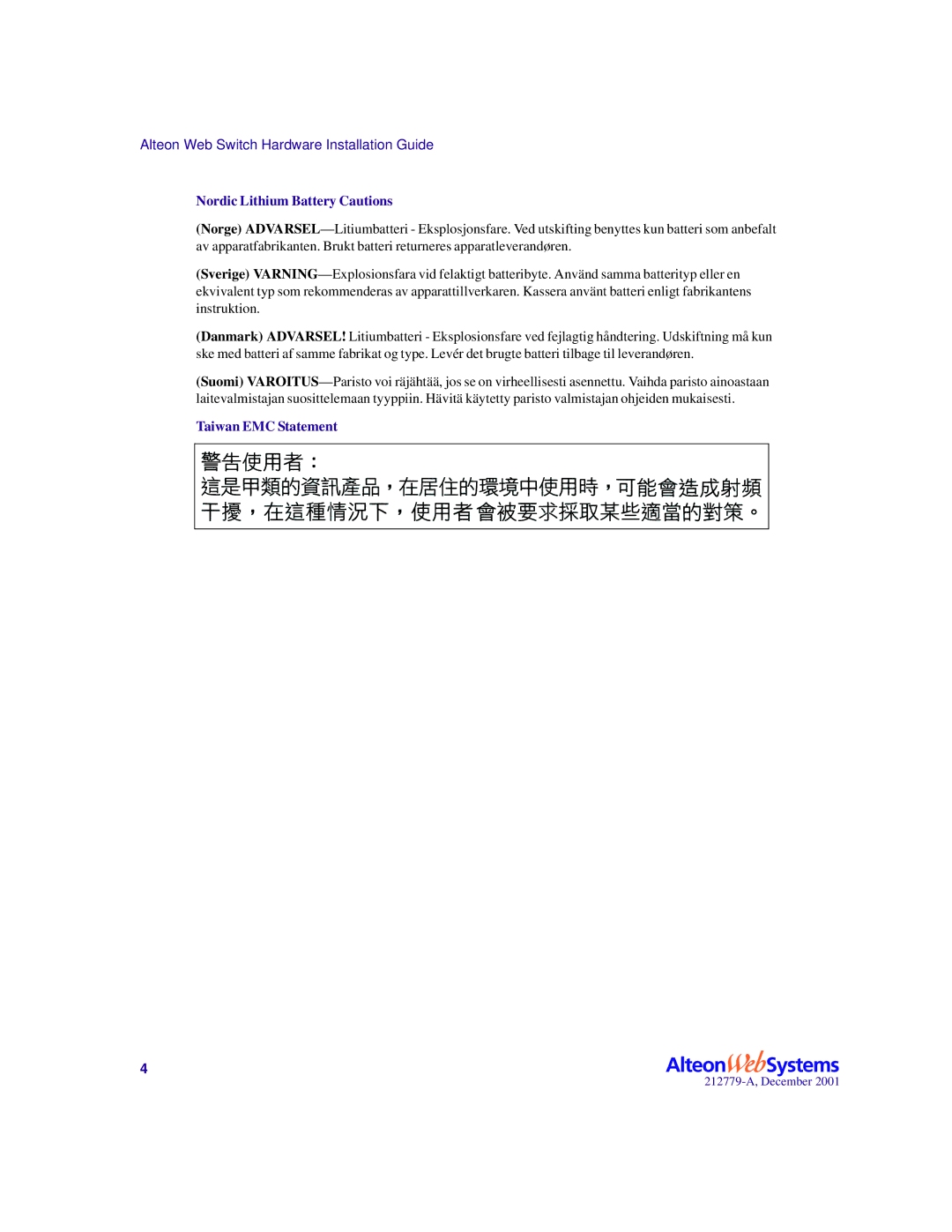 Nortel Networks 700116, 700117, 700106, 700107 manual Taiwan EMC Statement 