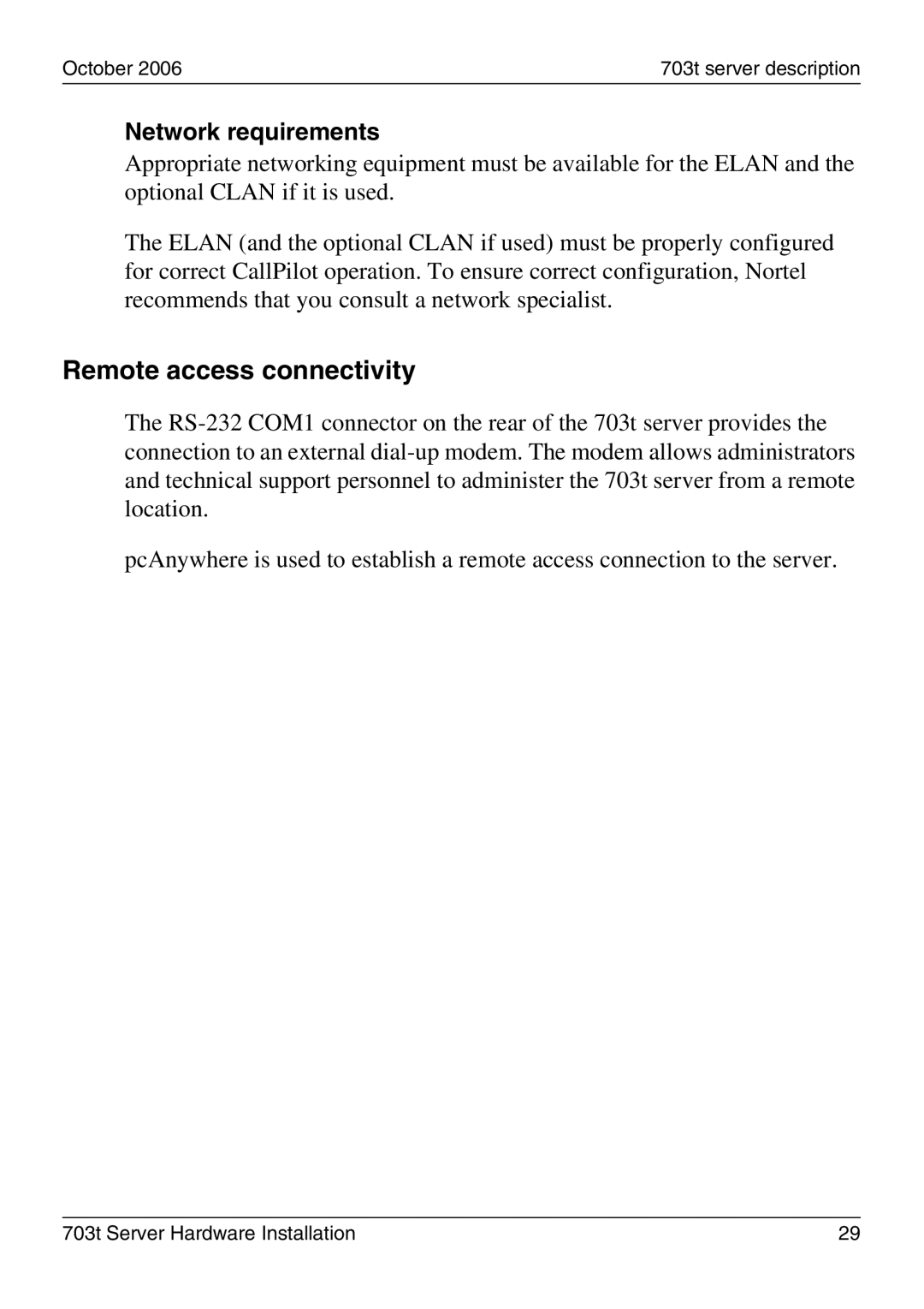 Nortel Networks 703t manual Remote access connectivity, Network requirements 