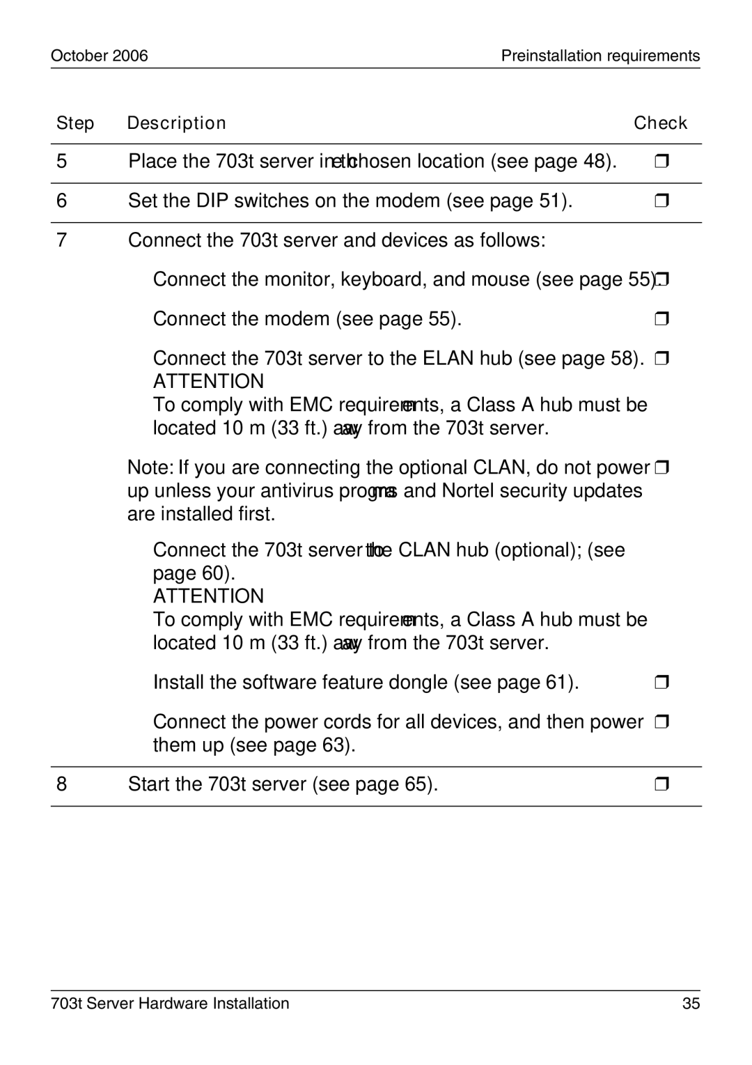 Nortel Networks 703t manual October 2006Preinstallation requirements 