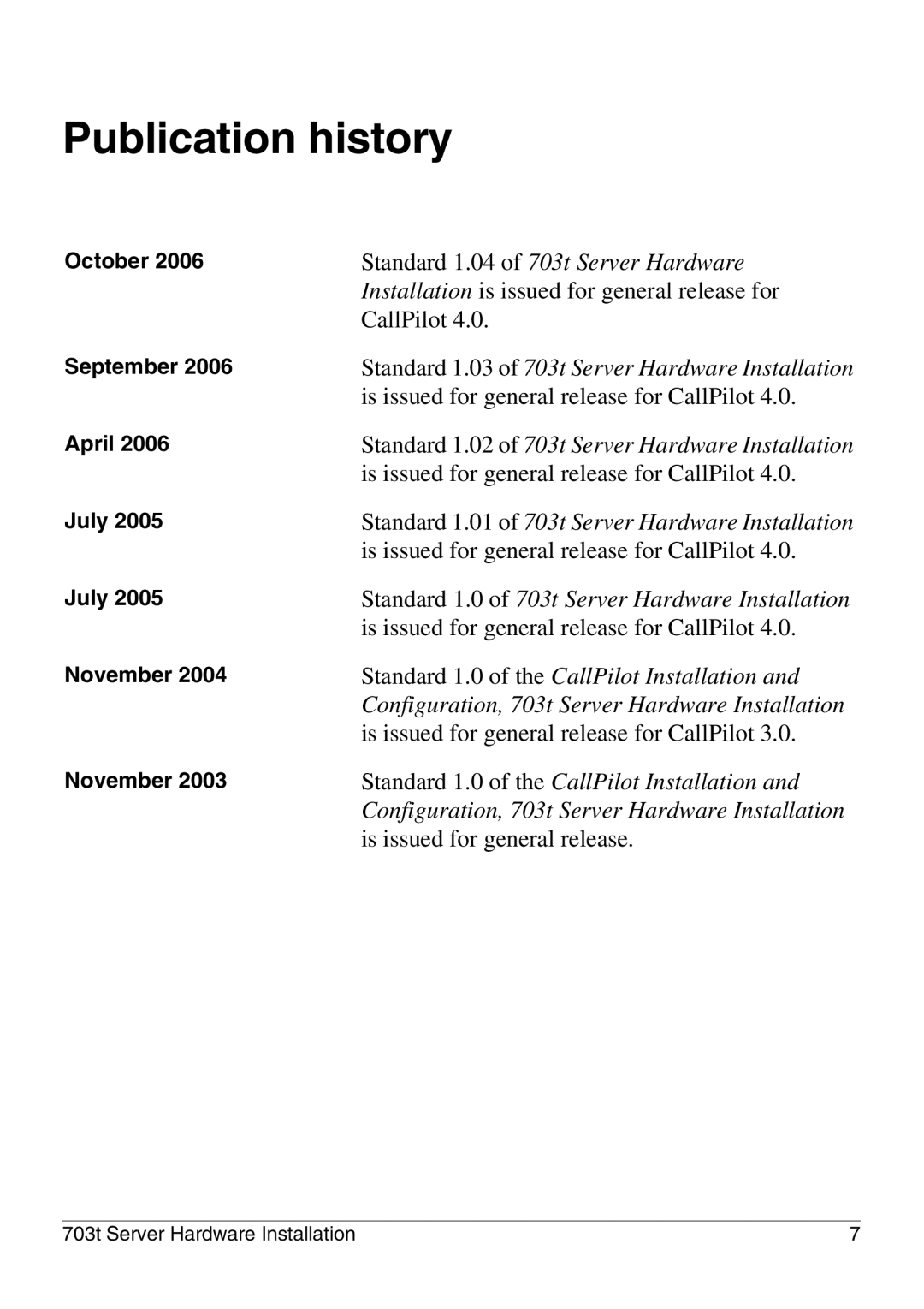 Nortel Networks 703t manual Publication history 