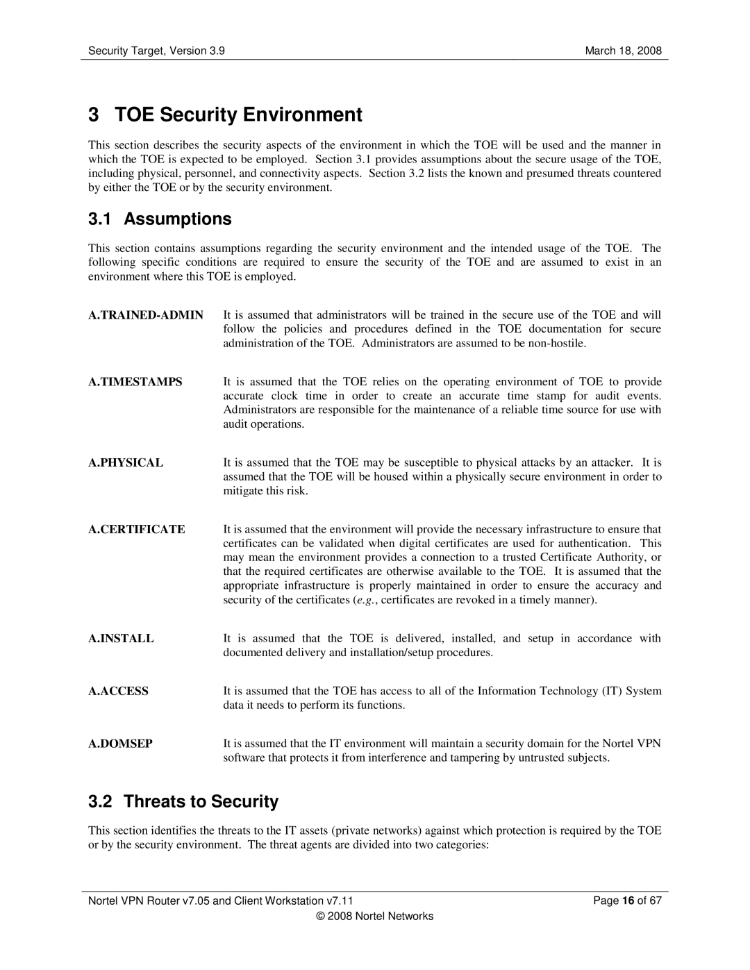 Nortel Networks 7.05, 7.11 manual TOE Security Environment, Assumptions, Threats to Security 