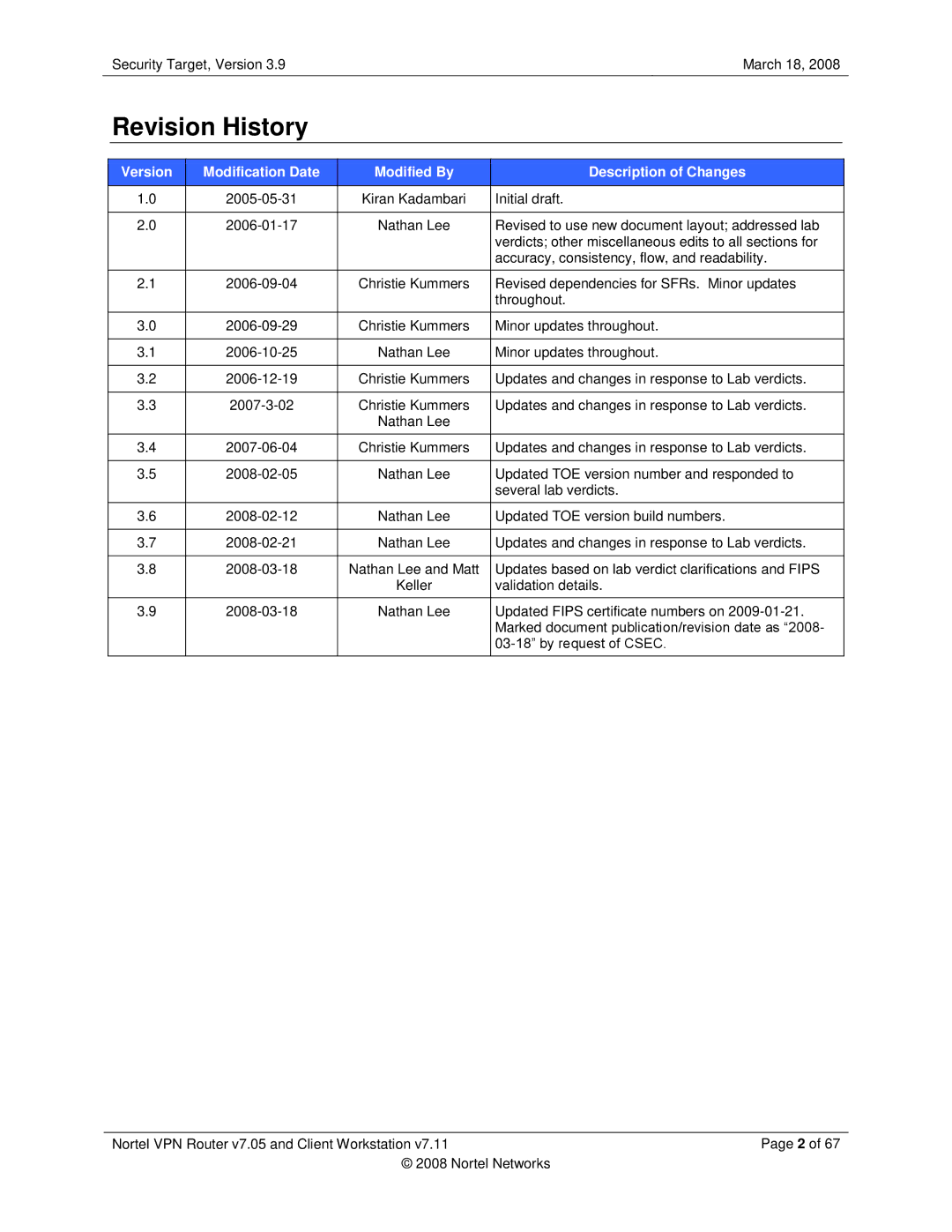 Nortel Networks 7.05, 7.11 manual Revision History, Version Modification Date Modified By Description of Changes 