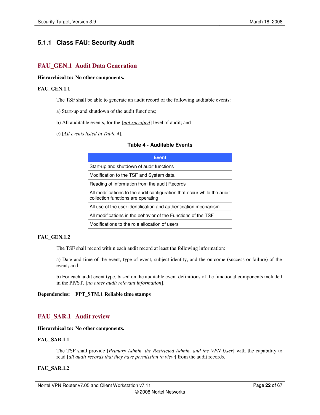 Nortel Networks 7.05 Class FAU Security Audit, FAUGEN.1 Audit Data Generation, FAUSAR.1 Audit review, Auditable Events 