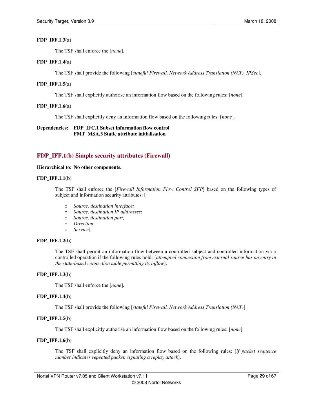 Nortel Networks 7.11, 7.05 manual FDPIFF.1b Simple security attributes Firewall 