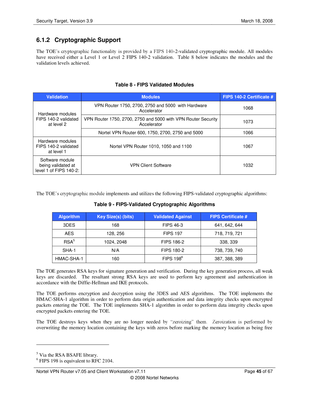 Nortel Networks 7.11, 7.05 manual Cryptographic Support, Fips Validated Modules, FIPS-Validated Cryptographic Algorithms 