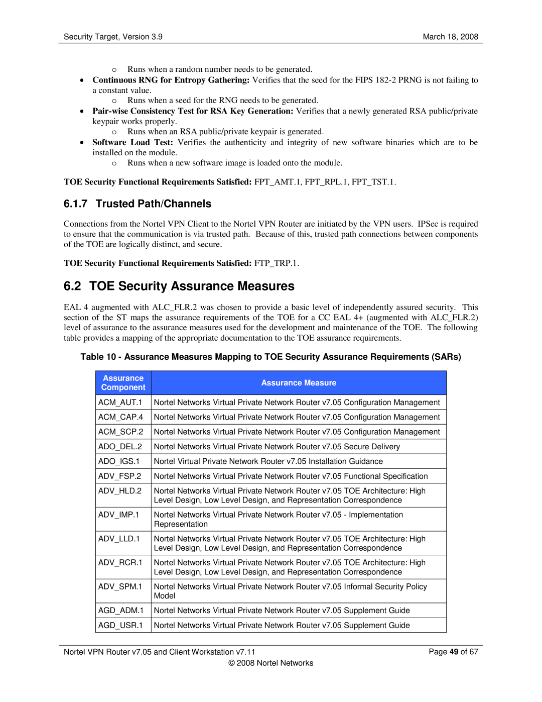 Nortel Networks 7.11, 7.05 TOE Security Assurance Measures, Trusted Path/Channels, Assurance Assurance Measure Component 