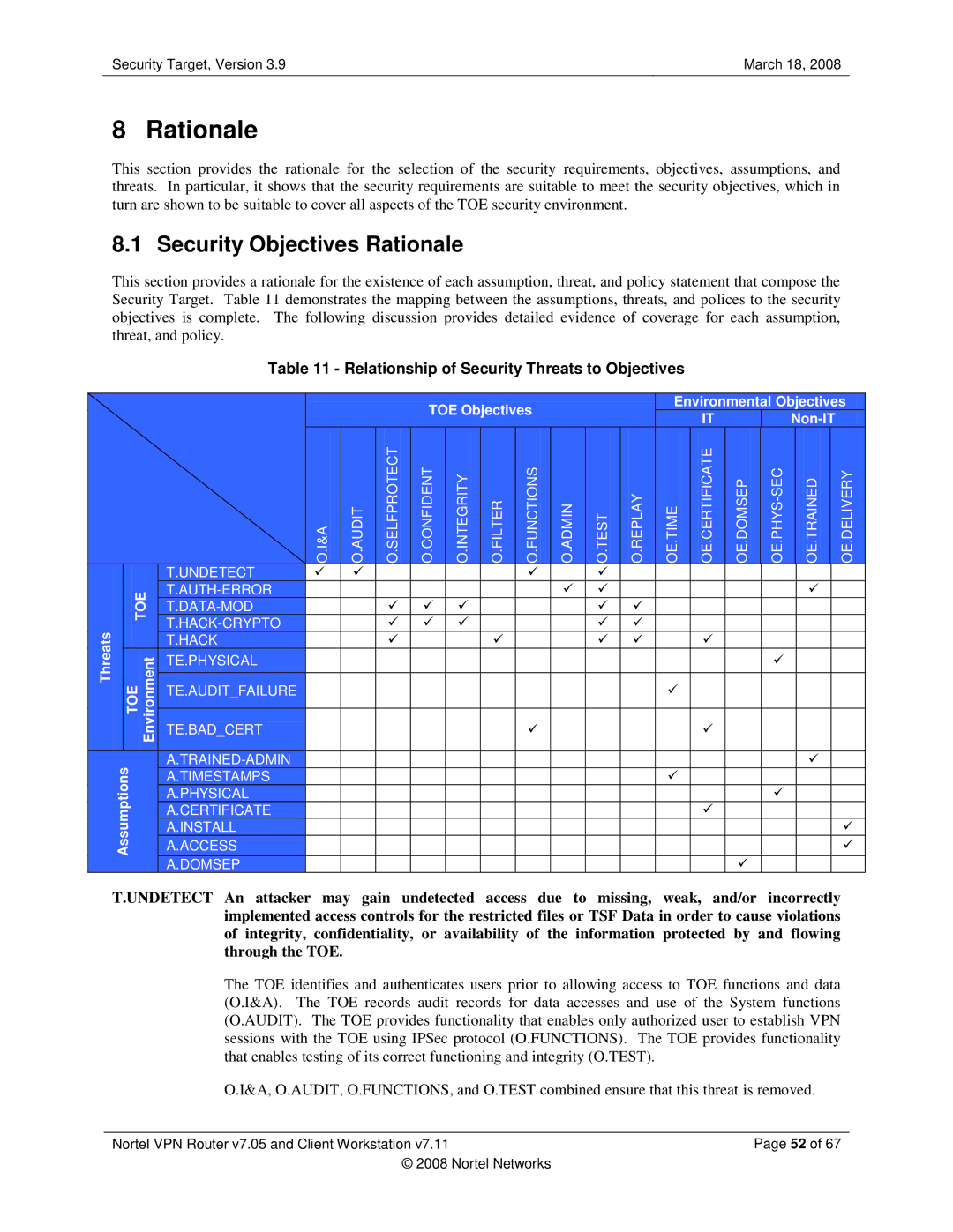 Nortel Networks 7.05, 7.11 manual Security Objectives Rationale, Relationship of Security Threats to Objectives 