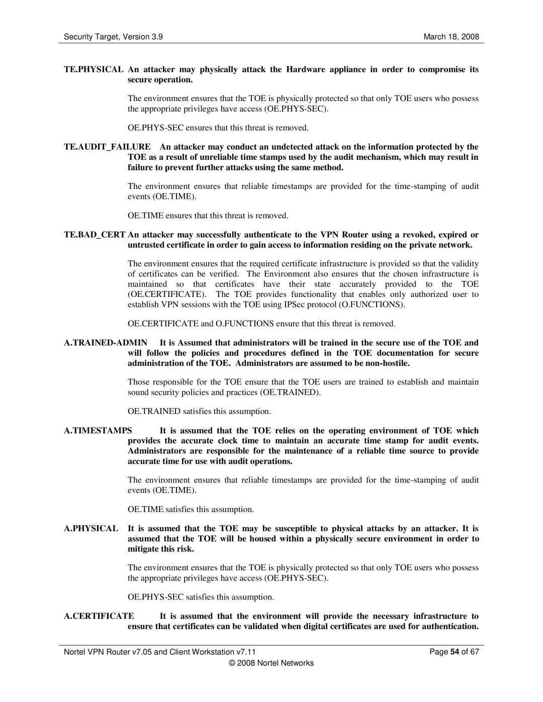 Nortel Networks 7.05, 7.11 manual Certificate 