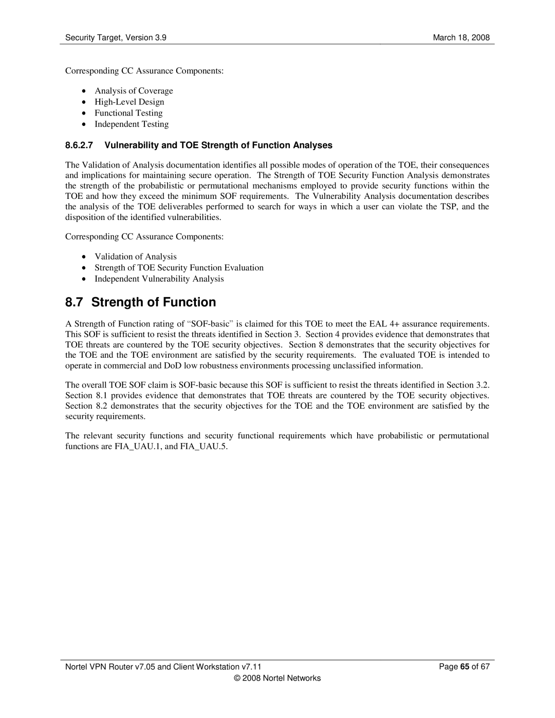 Nortel Networks 7.11, 7.05 manual Vulnerability and TOE Strength of Function Analyses 