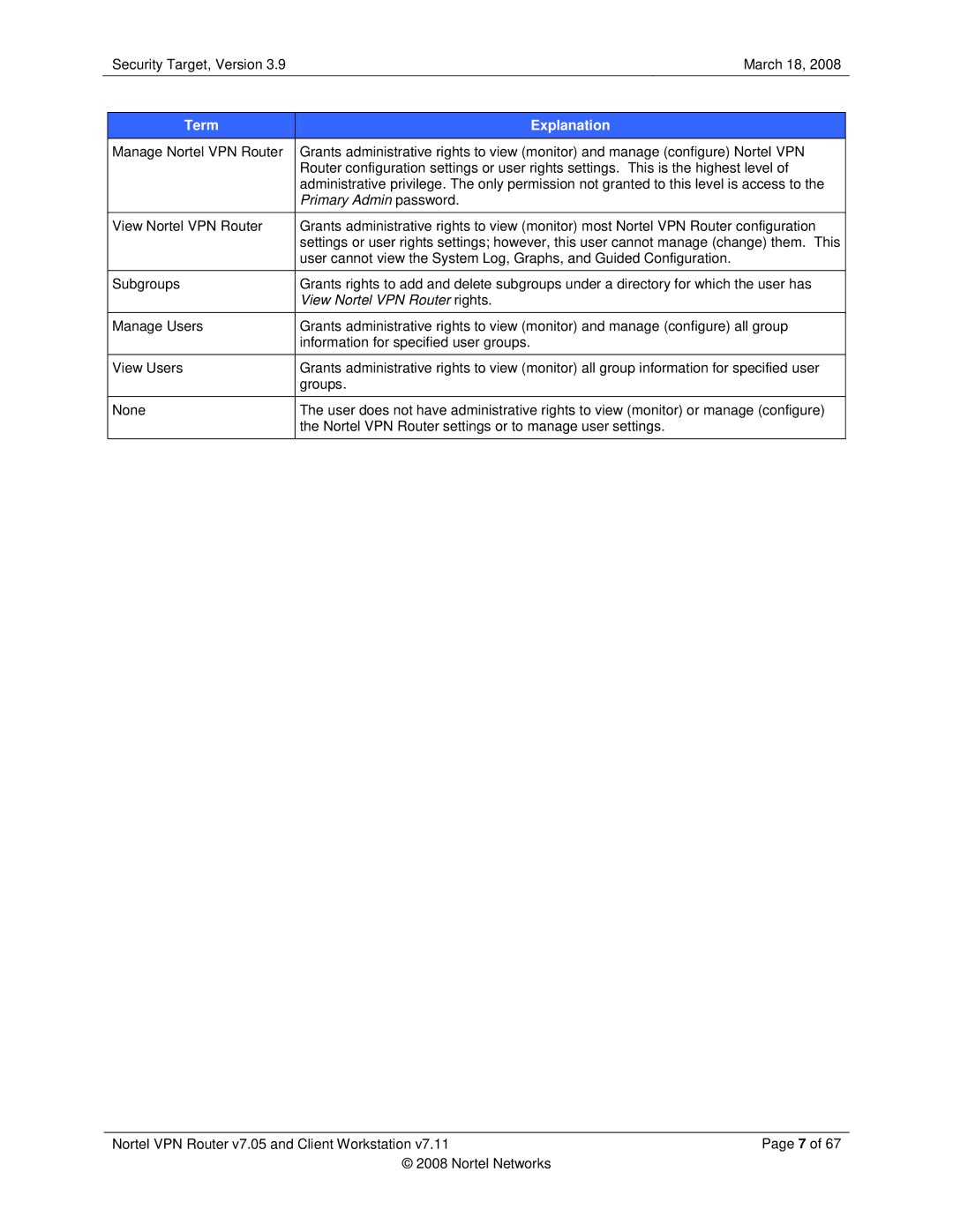 Nortel Networks 7.11, 7.05 manual Primary Admin password 