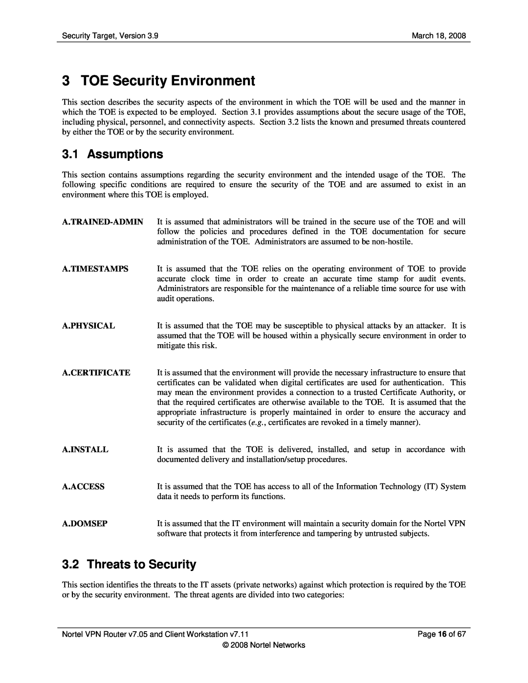 Nortel Networks 7.05, 7.11 manual TOE Security Environment, Assumptions, Threats to Security 