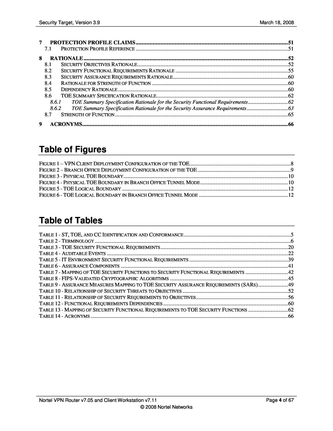 Nortel Networks 7.05, 7.11 manual Table of Figures, Table of Tables, Protection Profile Claims, Rationale, Acronyms 