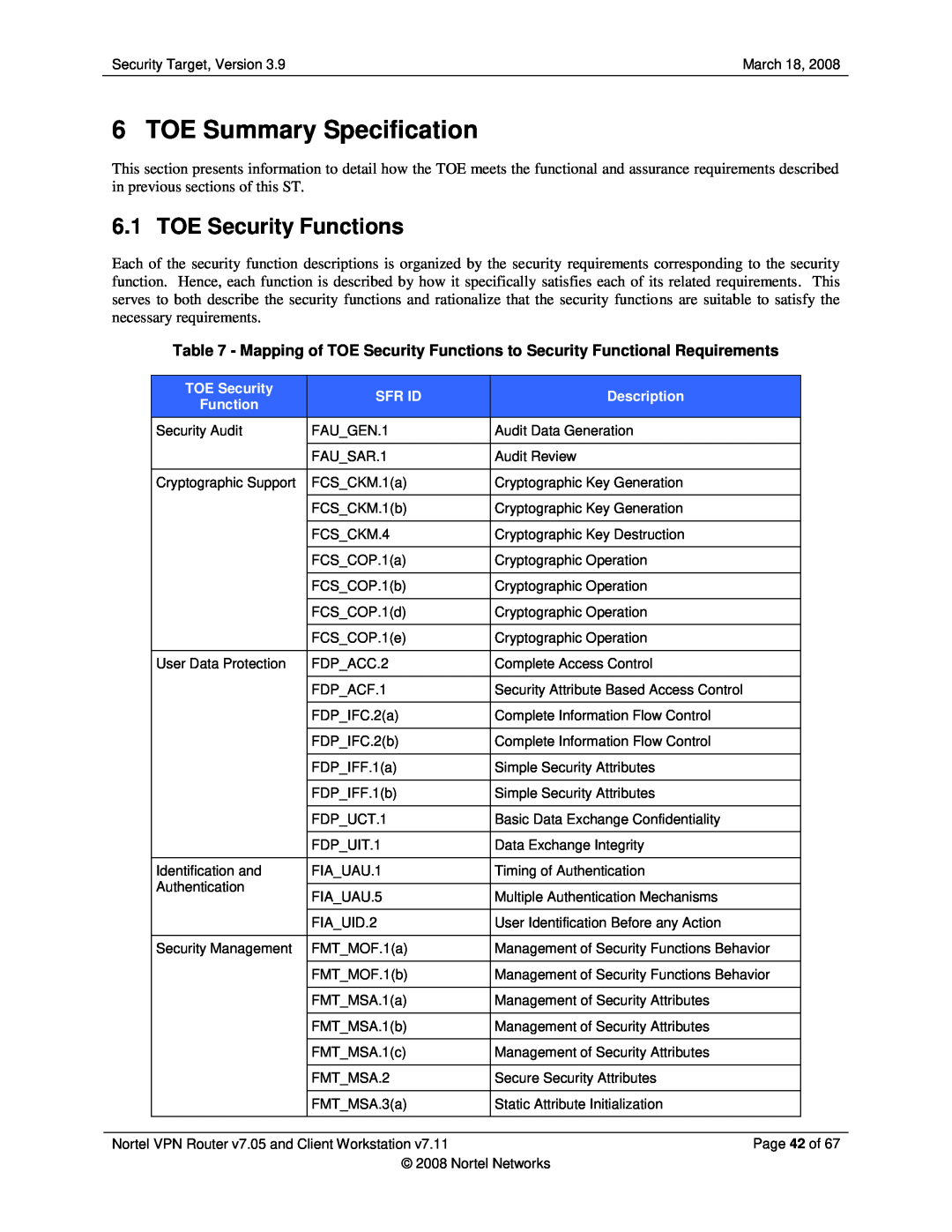 Nortel Networks 7.05, 7.11 manual TOE Summary Specification, TOE Security Functions 