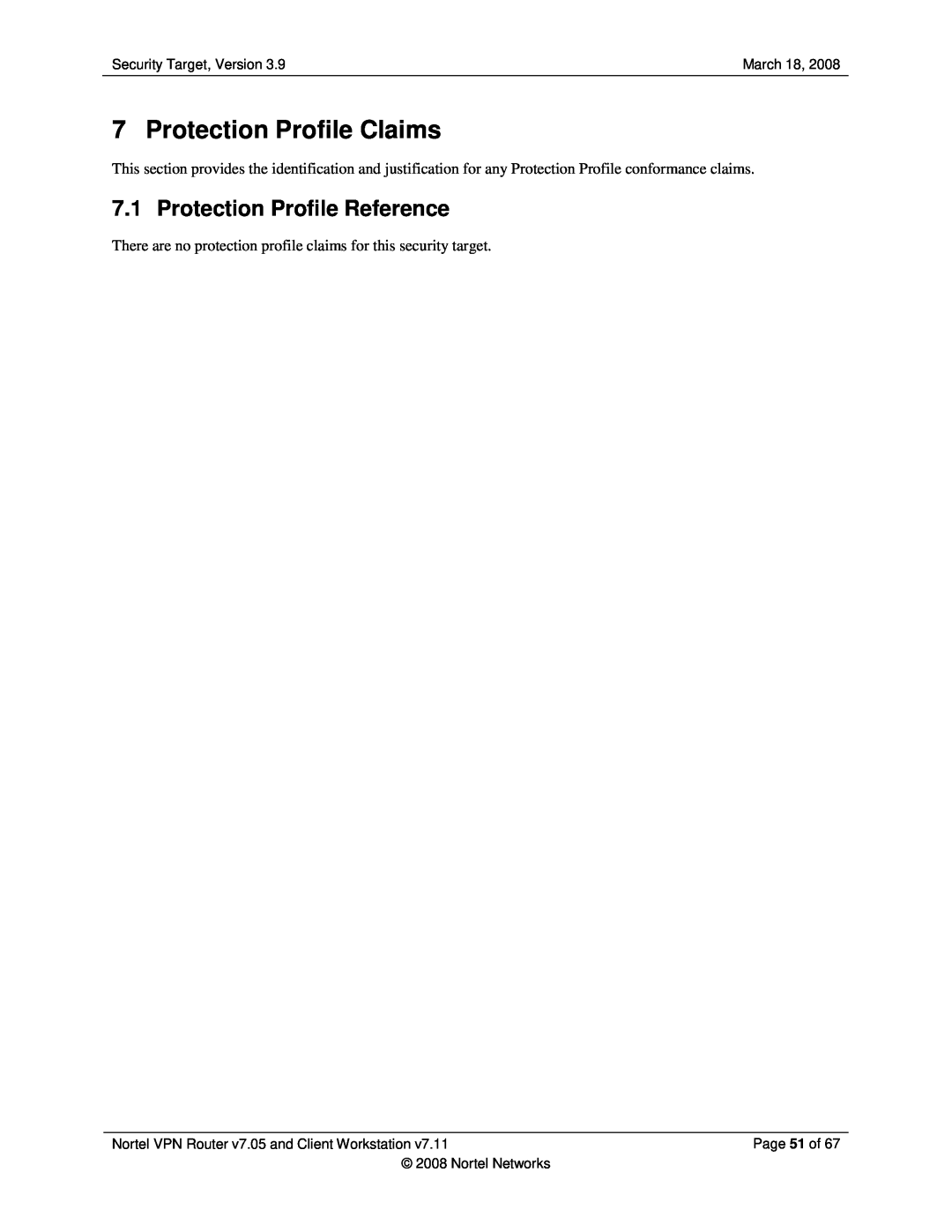 Nortel Networks 7.11, 7.05 manual Protection Profile Claims, Protection Profile Reference 