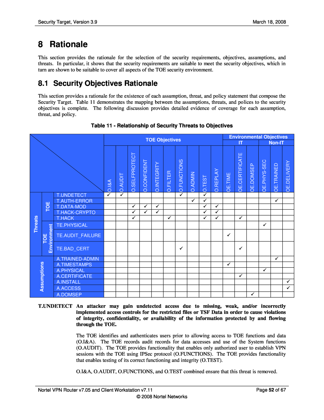 Nortel Networks 7.05, 7.11 manual Security Objectives Rationale, Relationship of Security Threats to Objectives 