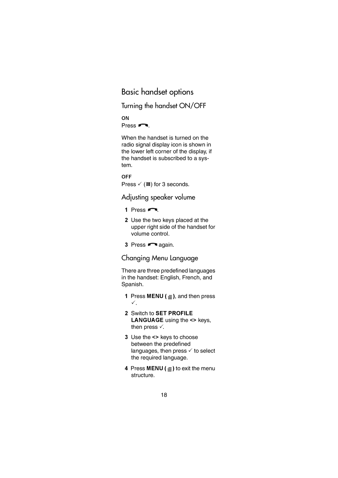 Nortel Networks 744X manual Turning the handset ON/OFF, Adjusting speaker volume, Changing Menu Language 