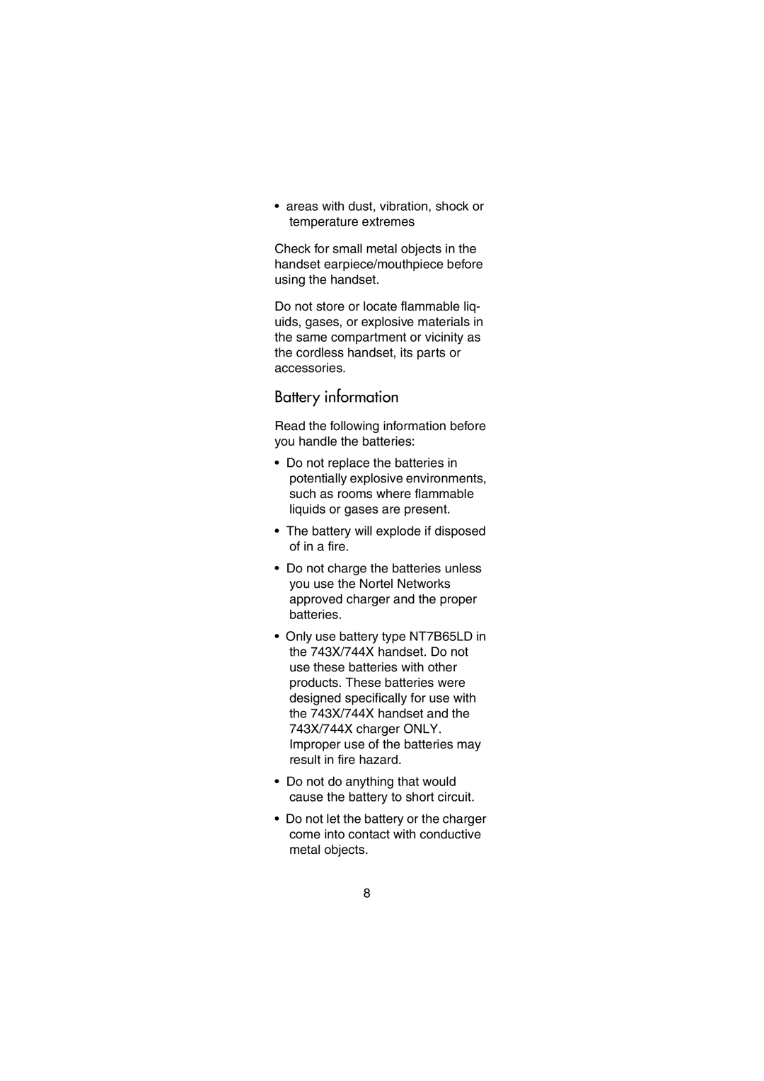 Nortel Networks 744X manual Battery information 