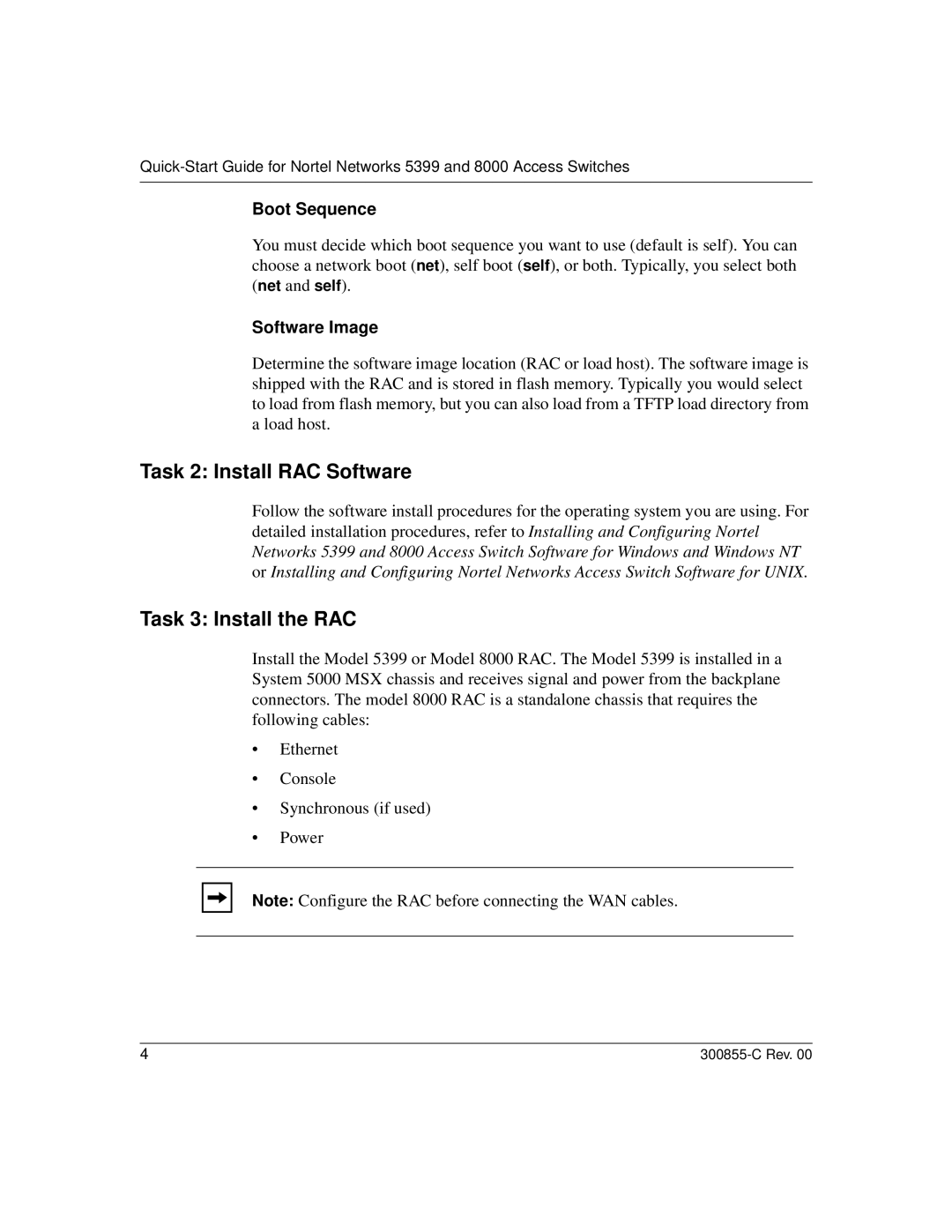 Nortel Networks 8000, 5399 quick start Task 2 Install RAC Software, Task 3 Install the RAC, Boot Sequence, Software Image 