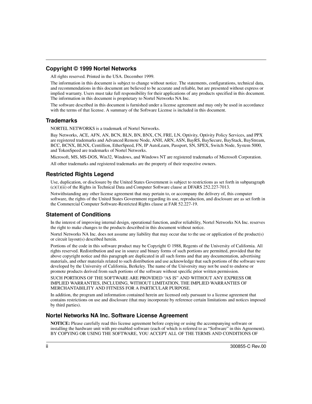 Nortel Networks 8000, 5399 Copyright 1999 Nortel Networks, Trademarks, Restricted Rights Legend, Statement of Conditions 