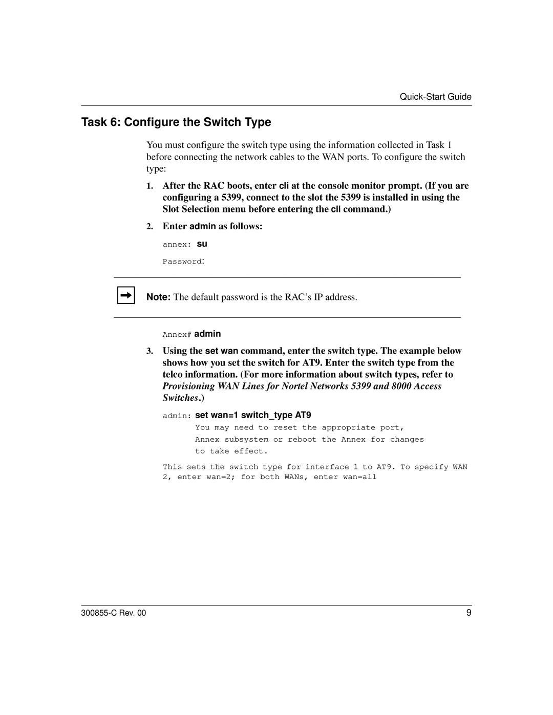 Nortel Networks 5399, 8000 quick start Task 6 Configure the Switch Type, Admin set wan=1 switchtype AT9 