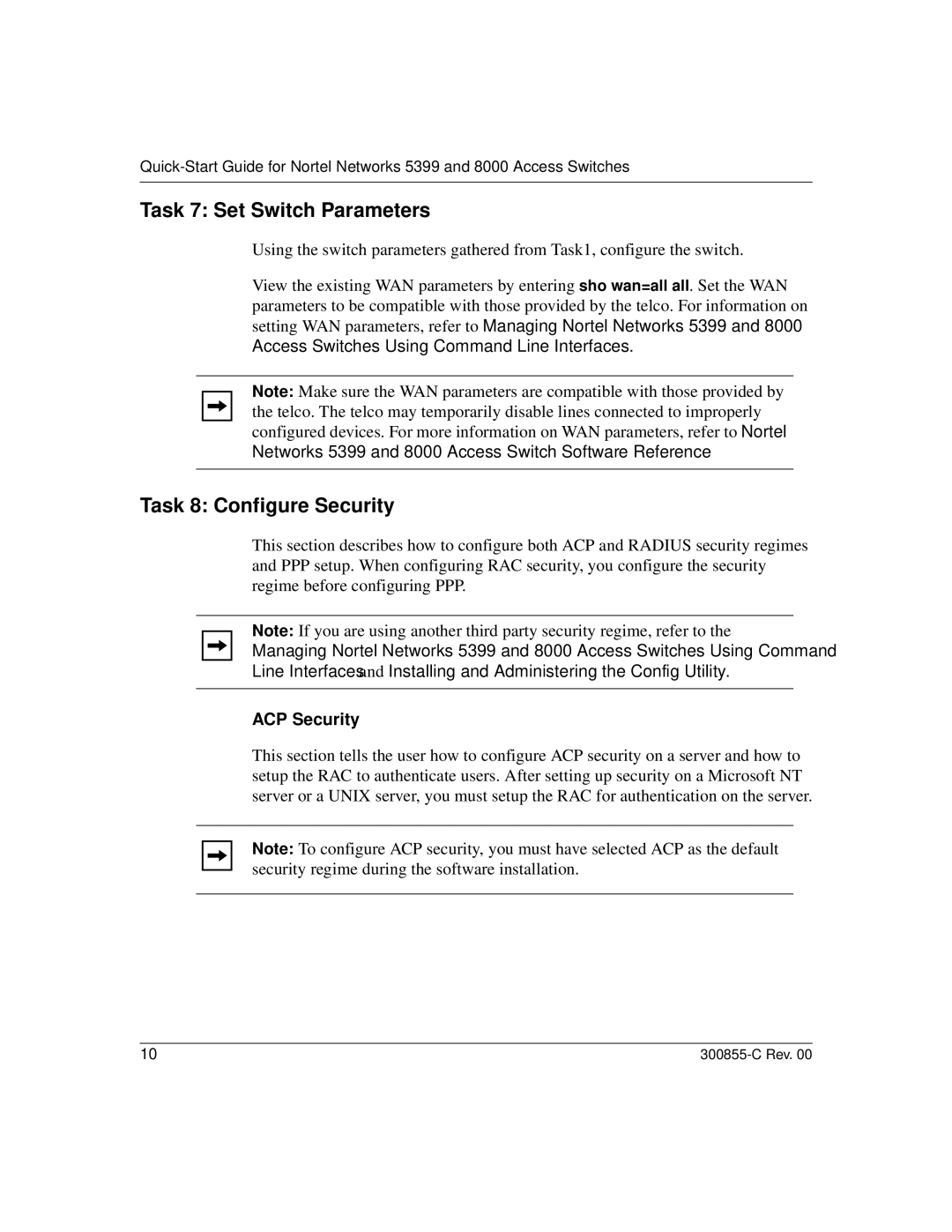 Nortel Networks 8000, 5399 quick start Task 7 Set Switch Parameters, Task 8 Configure Security, ACP Security 