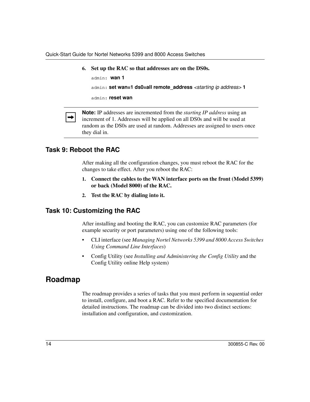 Nortel Networks 8000, 5399 quick start Roadmap, Task 9 Reboot the RAC, Task 10 Customizing the RAC 