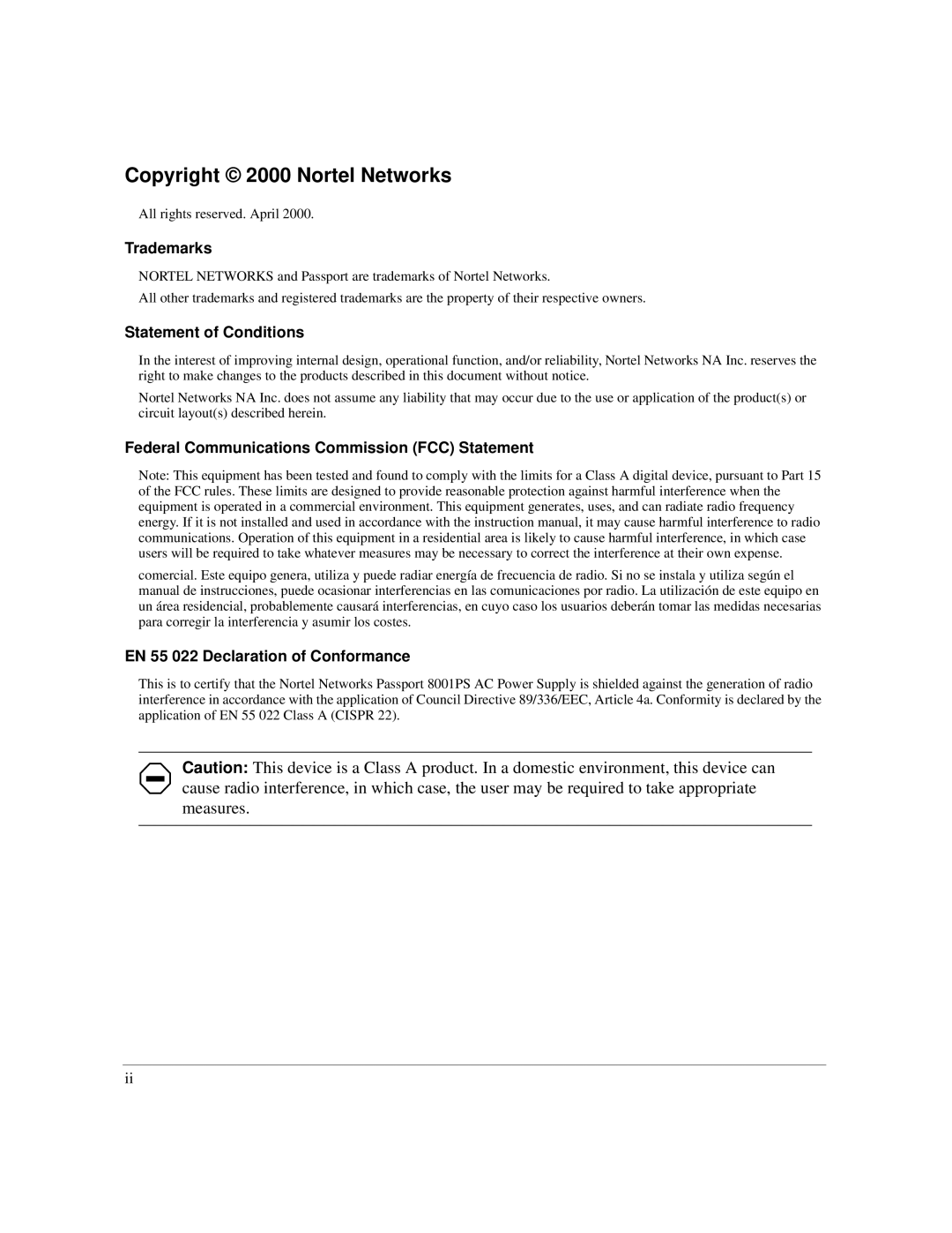 Nortel Networks 8001PS manual Copyright 2000 Nortel Networks 