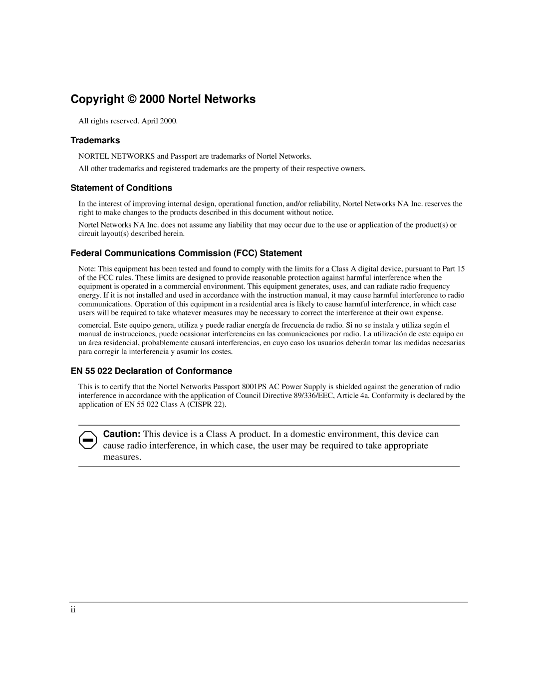 Nortel Networks 8001PS manual Copyright 2000 Nortel Networks, Trademarks, Statement of Conditions 